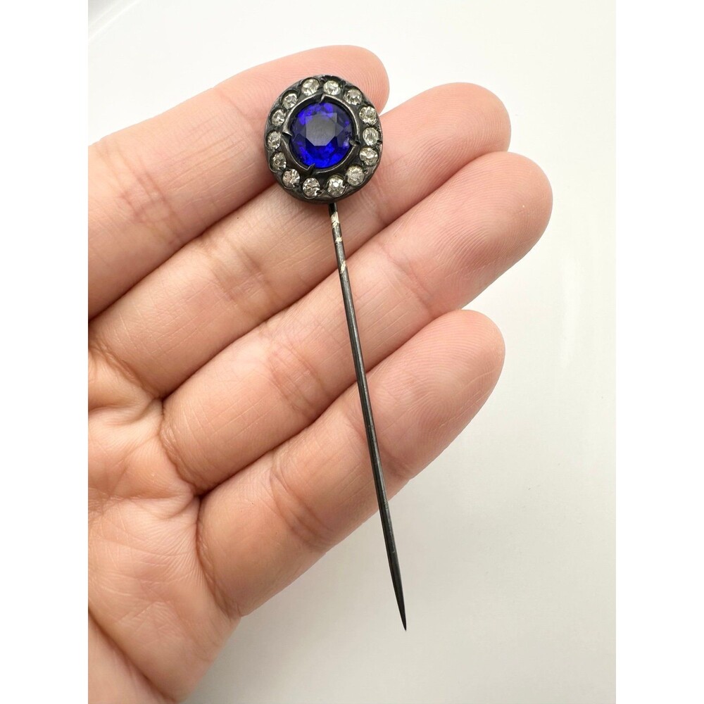 Antique signed sterling silver blue glass stick pin